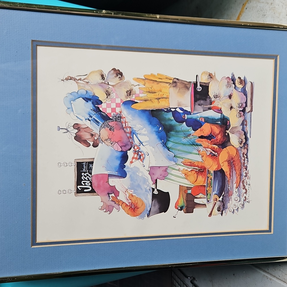 Vintage 1982 Leo Meiersdorff Jazz Brunch Framed Blue Gold Culinary Art Print - Picture 3 of 16